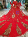 Red Tulle And Gold Sequins Appliques V-neck Long Sleeve Wedding Dress