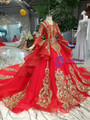 Red Tulle And Gold Sequins Appliques V-neck Long Sleeve Wedding Dress