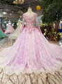 Purple Tulle Lace Appliques Long Sleeve Wedding Dress With Beading