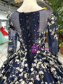 Vintage Navy Blue Long Sleeve Tulle Appliques Wedding Dress