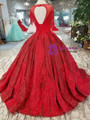 Red Ball Gown Sequins Appliques Cap Sleeve Backless Wedding Dress With Beading