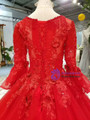 Red Tulle Long Sleeve Appliques Flower Wedding Dress With Train