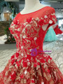 Red Ball Gown Tulle Gold Lace Appliques Cap Sleeve Backless Wedding Dress