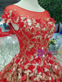 Red Ball Gown Tulle Gold Lace Appliques Cap Sleeve Backless Wedding Dress