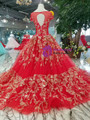 Red Ball Gown Tulle Gold Lace Appliques Cap Sleeve Backless Wedding Dress