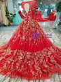 Red Ball Gown Tulle Gold Lace Appliques Cap Sleeve Backless Wedding Dress