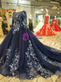 Navy Blue Tulle Embroidery Long Sleeve Wedding Dress With Train