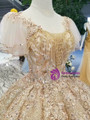 Gold Ball Gown Sequins Butterfly Sleeve Backless Wedding Dress With Beading