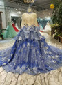 Royal Blue Sequins Bling Bling High Neck Long Sleeve Appliques Wedding Dress