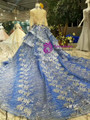 Royal Blue Sequins Bling Bling High Neck Long Sleeve Appliques Wedding Dress