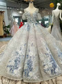 Silver Gray Sequins V-neck Backless Puff Sleeve Appliques Wedding Dress
