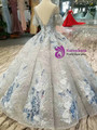 Silver Gray Sequins V-neck Backless Puff Sleeve Appliques Wedding Dress