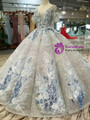 Silver Gray Sequins V-neck Backless Puff Sleeve Appliques Wedding Dress