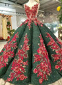 Green Ball Gown Sequins Deep V-neck Backless Red Appliques Wedding Dress