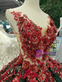 Green Ball Gown Sequins Deep V-neck Backless Red Appliques Wedding Dress