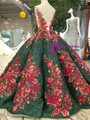 Green Ball Gown Sequins Deep V-neck Backless Red Appliques Wedding Dress