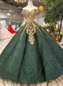 Green Ball Gown Sequins Gold Appliques Off The Shoulder Wedding Dress