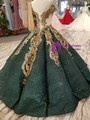 Green Ball Gown Sequins Gold Appliques Off The Shoulder Wedding Dress