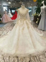 Light Champagne Sequins Long SLeeve Appliques Wedding Dress