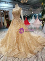 Champagne Gold Ball Gown Lace Long Sleeve Wedding Dress With Litter Train