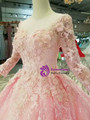 Pink Lace Appliques Long Sleeve Scoop Neck Wedding Dress With Beading