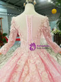Pink Lace Appliques Long Sleeve Scoop Neck Wedding Dress With Beading