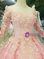 Pink Lace Appliques Long Sleeve Scoop Neck Wedding Dress With Beading