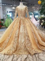 Luxury Gold Ball Gown Bateau Neck Long Sleeve Bling Bling Sequins Wedding Dress