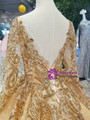 Luxury Gold Ball Gown Bateau Neck Long Sleeve Bling Bling Sequins Wedding Dress