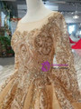 Luxury Gold Ball Gown Bateau Neck Long Sleeve Bling Bling Sequins Wedding Dress