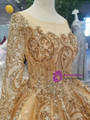 Luxury Gold Ball Gown Bateau Neck Long Sleeve Bling Bling Sequins Wedding Dress