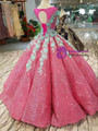 Fuchsia Sequins Ball Gown Green Appliques Cap Sleeve Backless Wedding Dress