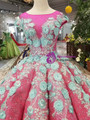 Fuchsia Sequins Ball Gown Green Appliques Cap Sleeve Backless Wedding Dress