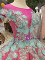 Fuchsia Sequins Ball Gown Green Appliques Cap Sleeve Backless Wedding Dress