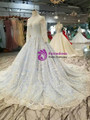 Blue Lace Sequins High Neck Long SLeeve Wedding Dress With Beading