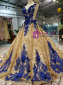Champagne Gold Sequins V-neck Backless Appliques Wedding Dress With Long Train