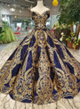 Royal Blue Sequins Gold Appliques Off The Shoulder Floor Length Wedding Dress