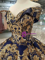 Royal Blue Sequins Gold Appliques Off The Shoulder Floor Length Wedding Dress
