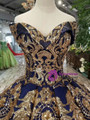 Royal Blue Sequins Gold Appliques Off The Shoulder Floor Length Wedding Dress