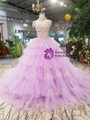 Purple Tulle High Neck Corset Backless Appliqeus Wedding Dress With Long Train