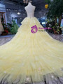Yellow Tulle High Neck Corset Backless Appliqeus Wedding Dress With Long Train