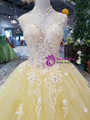 Yellow Tulle High Neck Corset Backless Appliqeus Wedding Dress With Long Train