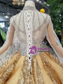 Champgne High Neck Gold Sequins Appliques Long Sleeve Wedding Dress With Crystal