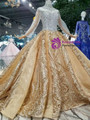 Champgne High Neck Gold Sequins Appliques Long Sleeve Wedding Dress With Crystal