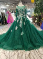 Green Tulle Long Sleeve Appliques Wedding Dress With Little Train