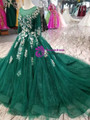 Green Tulle Long Sleeve Appliques Wedding Dress With Little Train