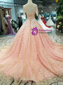Pink Ball Gown Gold Lace Appliques Short Sleeve Backless Wedding Dress