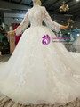 Light Champagne Ball Gown Lace High Neck Long Sleeve Backless Wedding Dress
