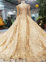 Champagne Gold Lace Ball Gown Long Sleeve Wedding Dress With Long Train