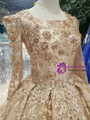 Champagne Gold Lace Ball Gown Long Sleeve Wedding Dress With Long Train